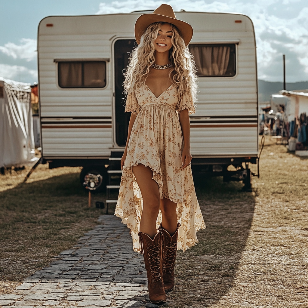 Western Cowgirl Vintage Floral Irregular Hem Dress