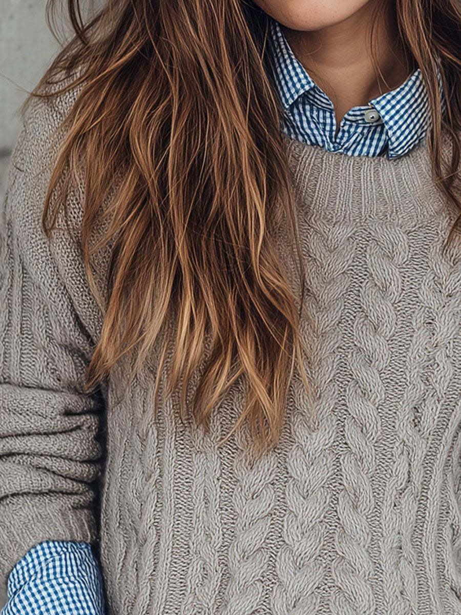 Classic Crewneck Taupe Cable Knit Pullover Sweater