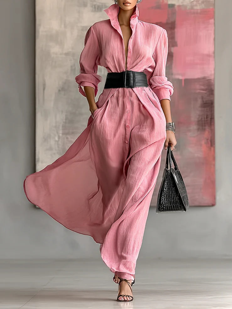 Pink Lapel Long-sleeved Single-breasted Tie-down Maxi Shirt Dress