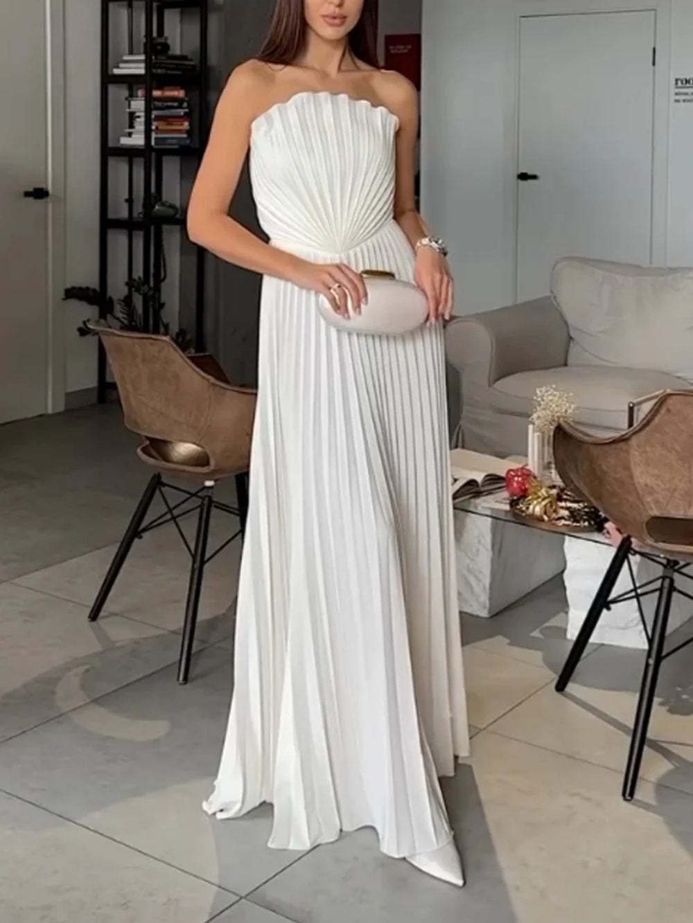 Evening Pleated Off Shoulder Maxi Dress Shell