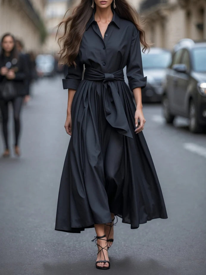 Elegant Long-sleeved Shirt-style Tie Maxi Dress