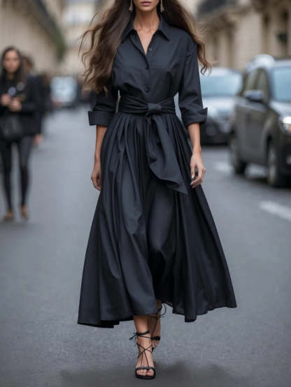 Elegant Long-sleeved Shirt-style Tie Maxi Dress