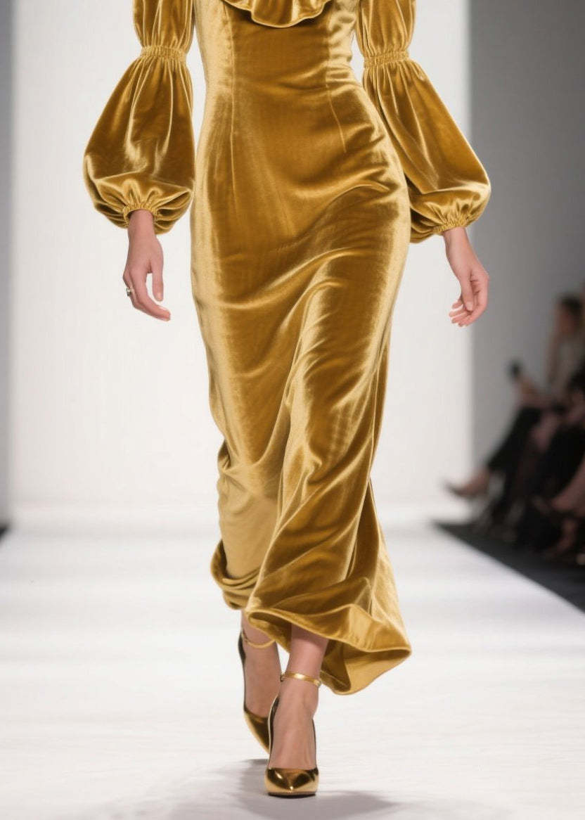 Original Design Yellow Ruffled Patchwork Velvet Long Dress Fall