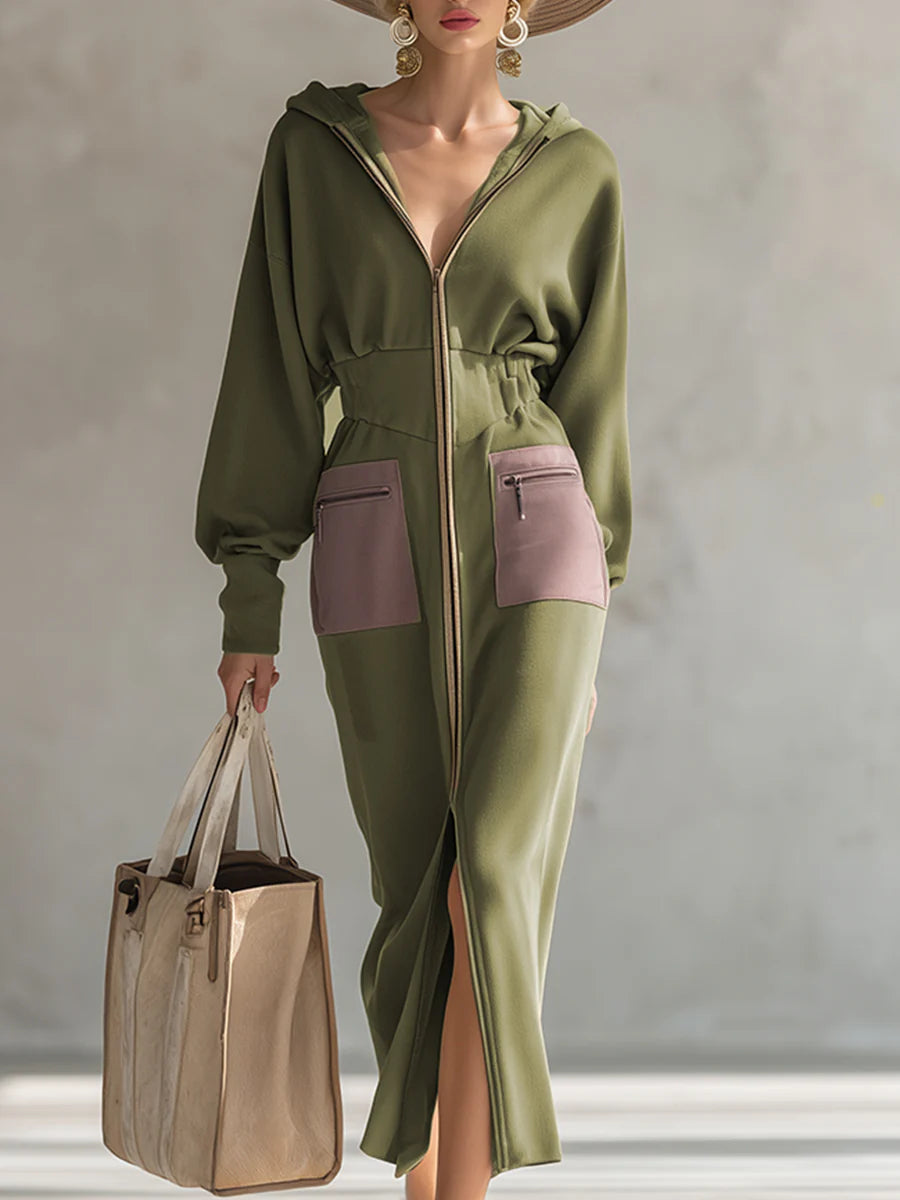 Elegant Olive Green Hooded Zip-Up Dress