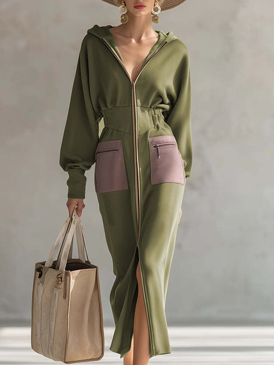 Elegant Olive Green Hooded Zip-Up Dress