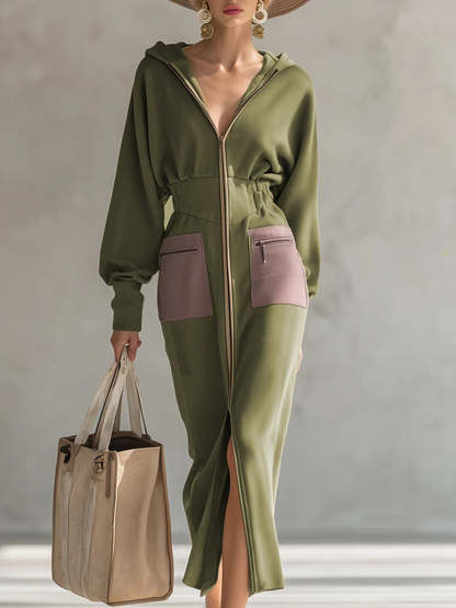 Elegant Olive Green Hooded Zip-Up Dress