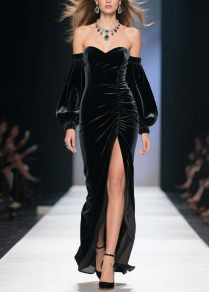 Fine Cold Shoulder Side Open Velvet Long Dress Fall
