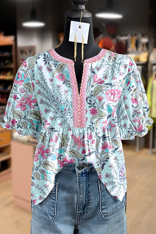 Vintage Floral Print Puff Sleeve Top