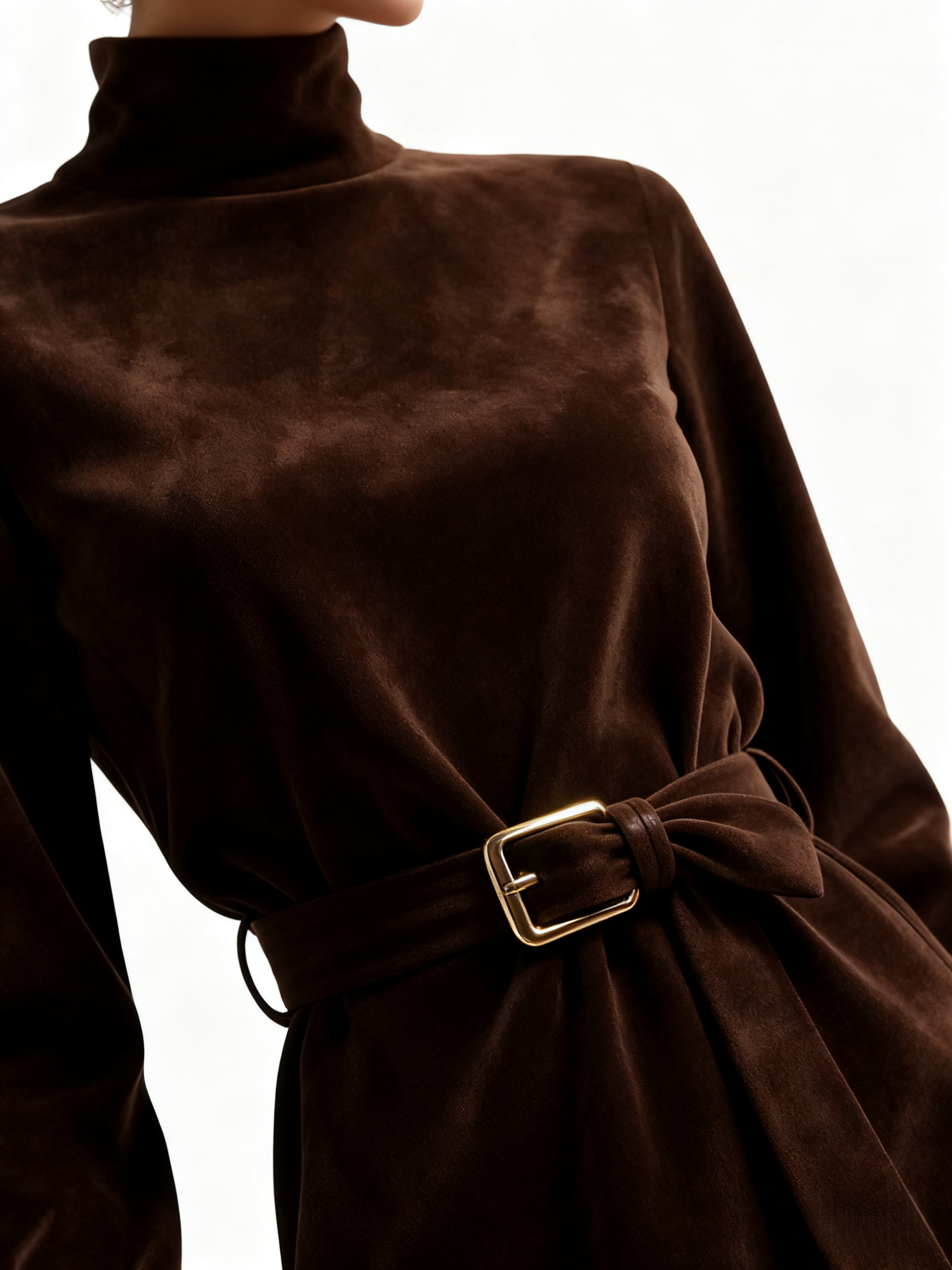 Outdoor Retro Western Style Women's Suede Long Sleeve Mid-Neck Dress