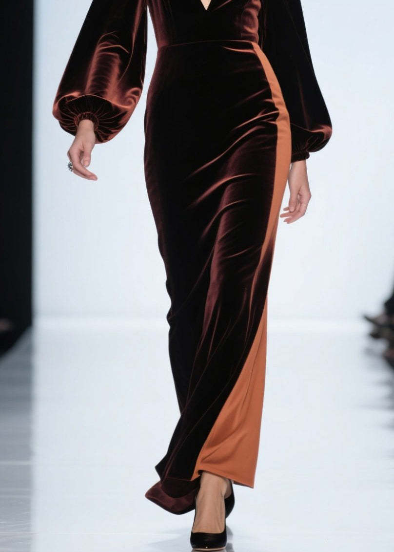 Loose Colorblock V Neck Patchwork Velvet Dress Fall