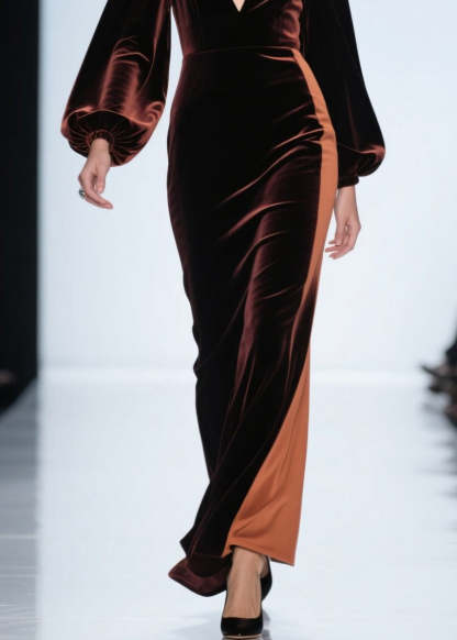 Loose Colorblock V Neck Patchwork Velvet Dress Fall