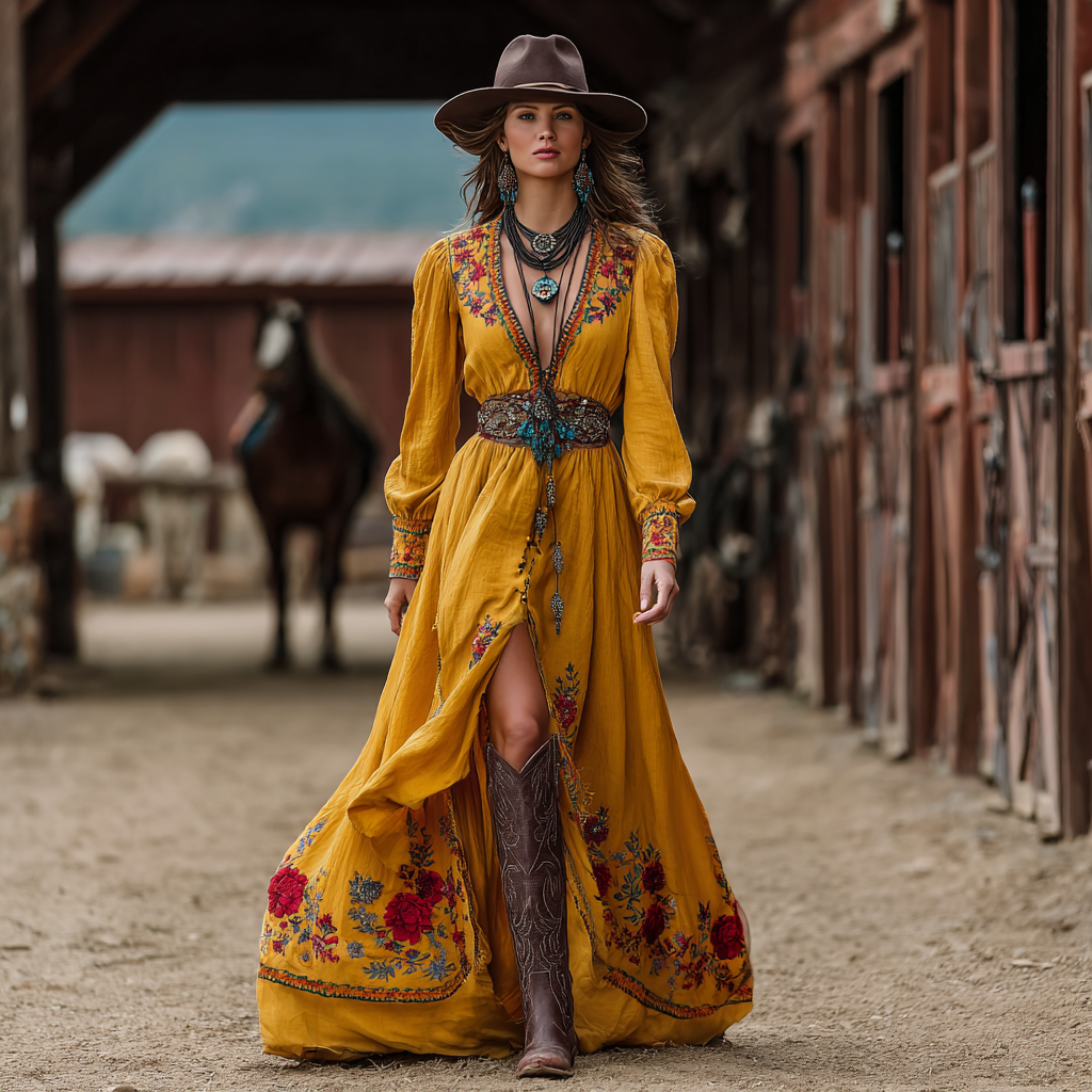 Western Cowgirl Linen Bohemian Vintage Dress