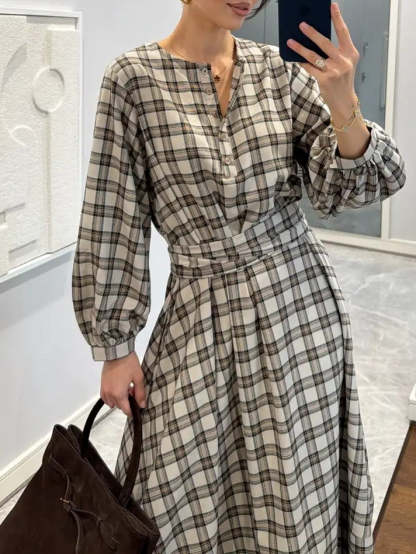 Plaid Patterned Belted Midi Dress