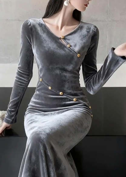French O Neck Patchwork Slim Fit Velvet Dress Fall