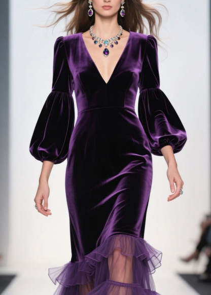 Elegant Purple V Neck Ruffled Patchwork Velvet Maxi Dresses Fall