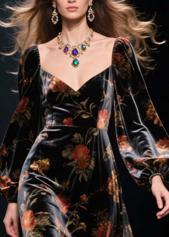 Modern Black Ruffled Patchwork Hollow Out Silk Velvet Dress Spring