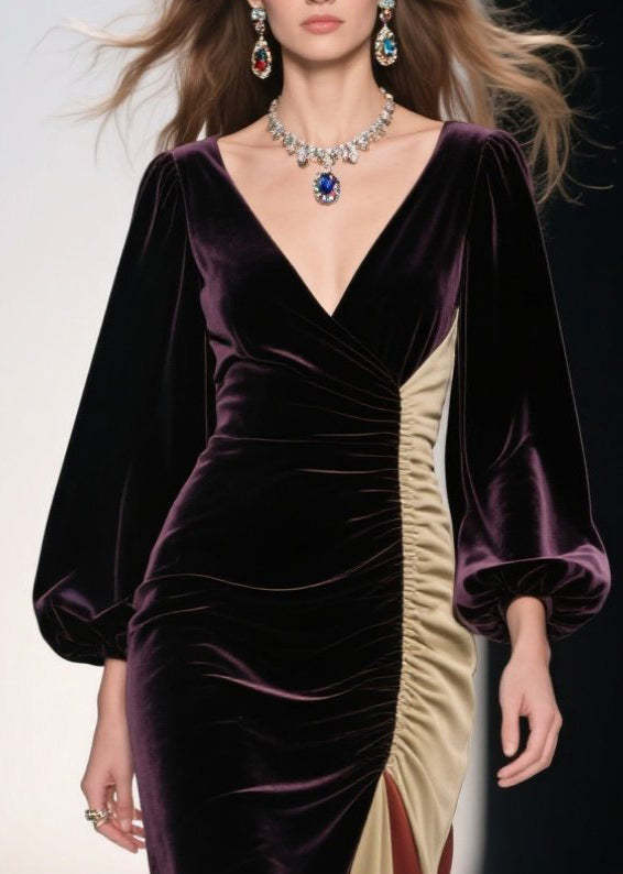 Plus Size Dull Purple Asymmetrical Patchwork Silk Velvet Evening Dress Spring