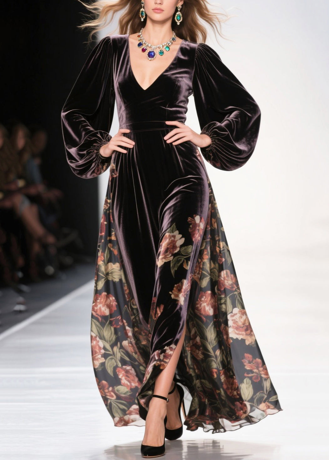 Plus Size Chocolate Exra Large Hem Patchwork Print Silk Velvet Dress Spring