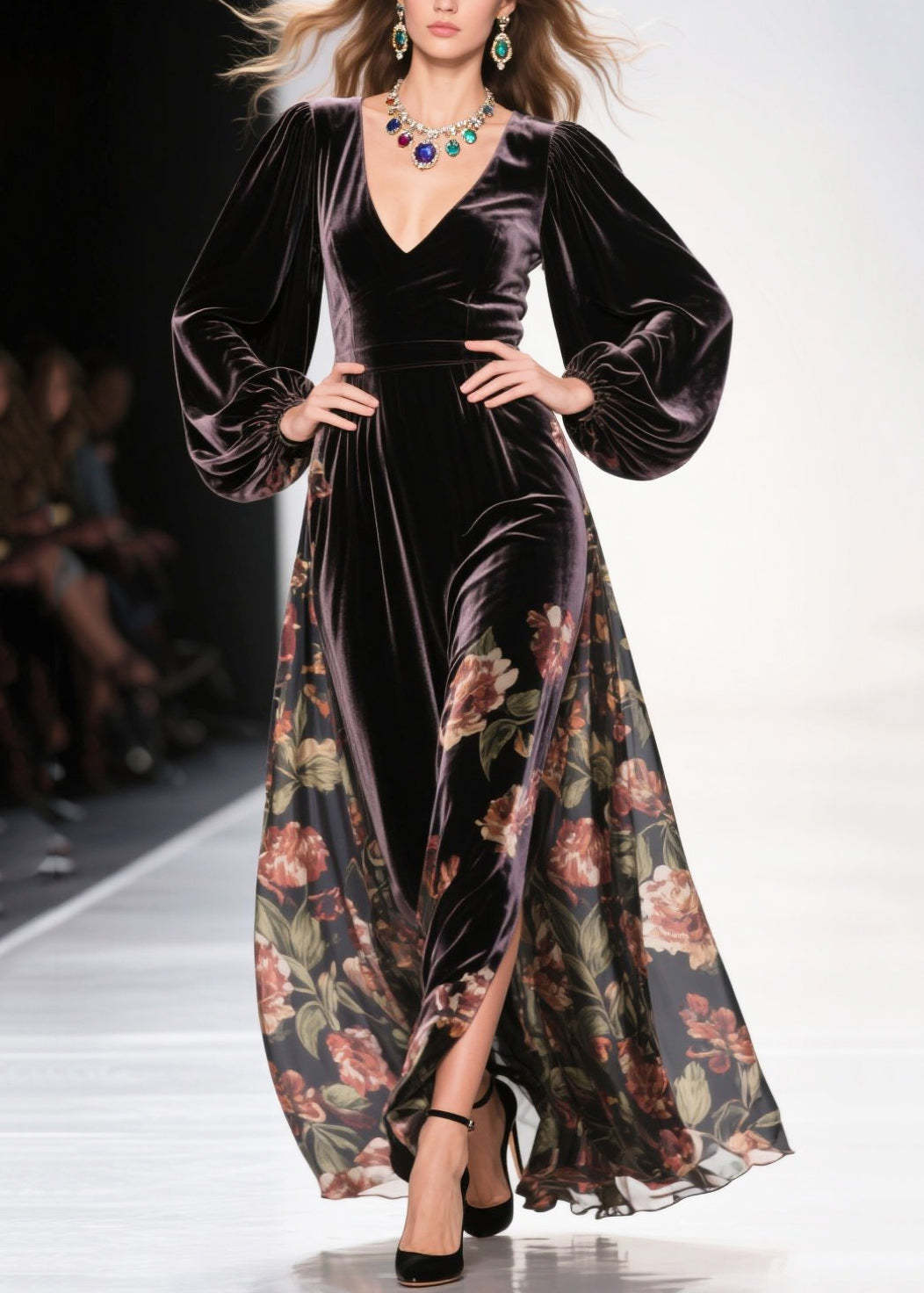 Plus Size Chocolate Exra Large Hem Patchwork Print Silk Velvet Dress S