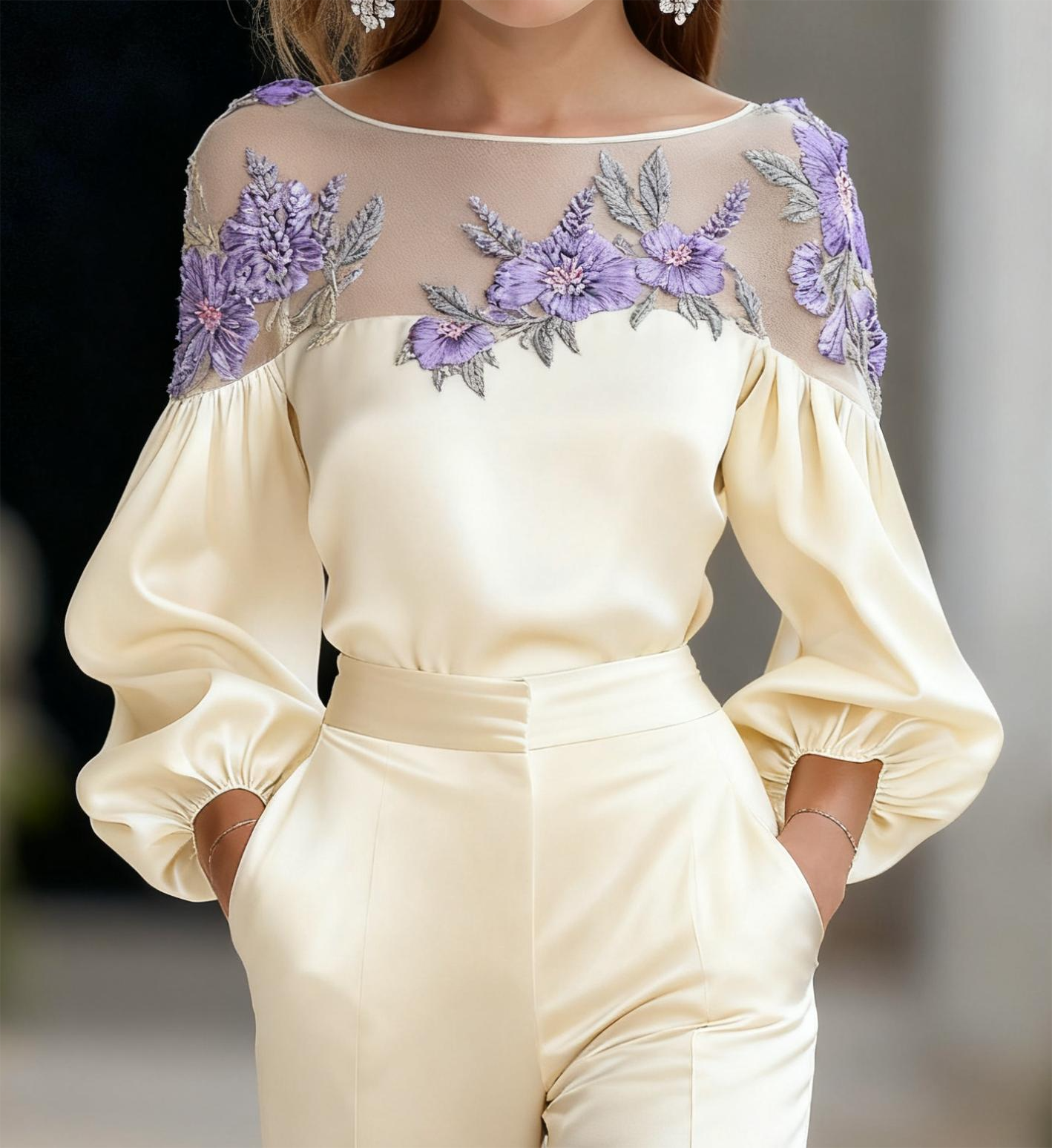 Women's Fashion Shirt with Mesh Embroidered long sleeve Top