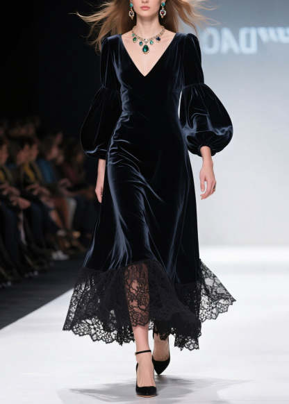 Art V Neck Lace Patchwork Velvet Maxi Dresses Lantern Sleeve