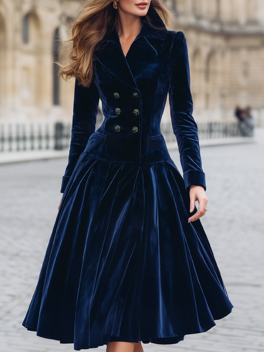 Midnight Elegance Velvet Double-Breasted Dress