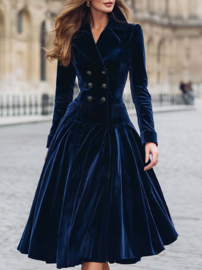 Midnight Elegance Velvet Double-Breasted Dress