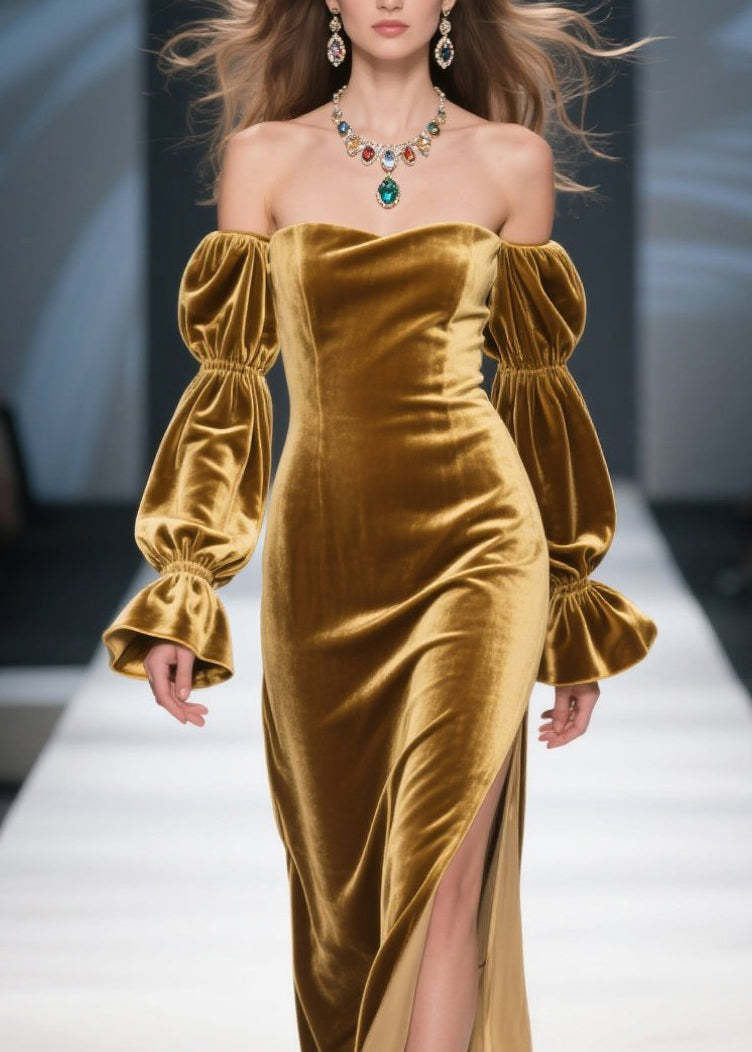 Unique Yellow Cold Shoulder Side Open Patchwork Velvet Dress Fall