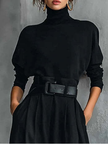 All-black Turtleneck Long-sleeved T-shirt And Straight-leg Pants Two-piece Set (including Belt)