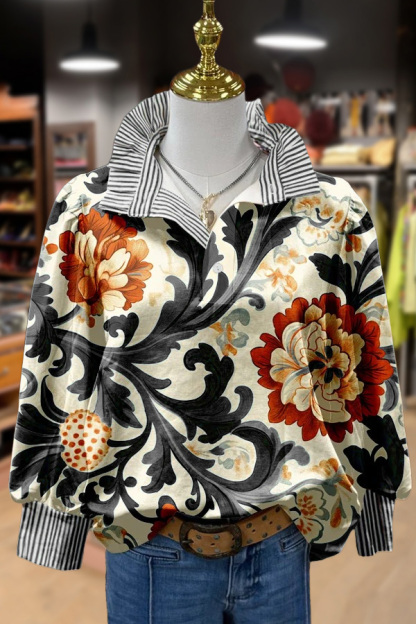 Vintage Floral Print Striped Collar Top