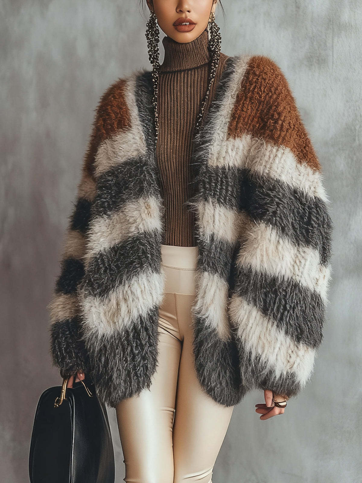 Colorblock Striped Furry Knit Cardigan