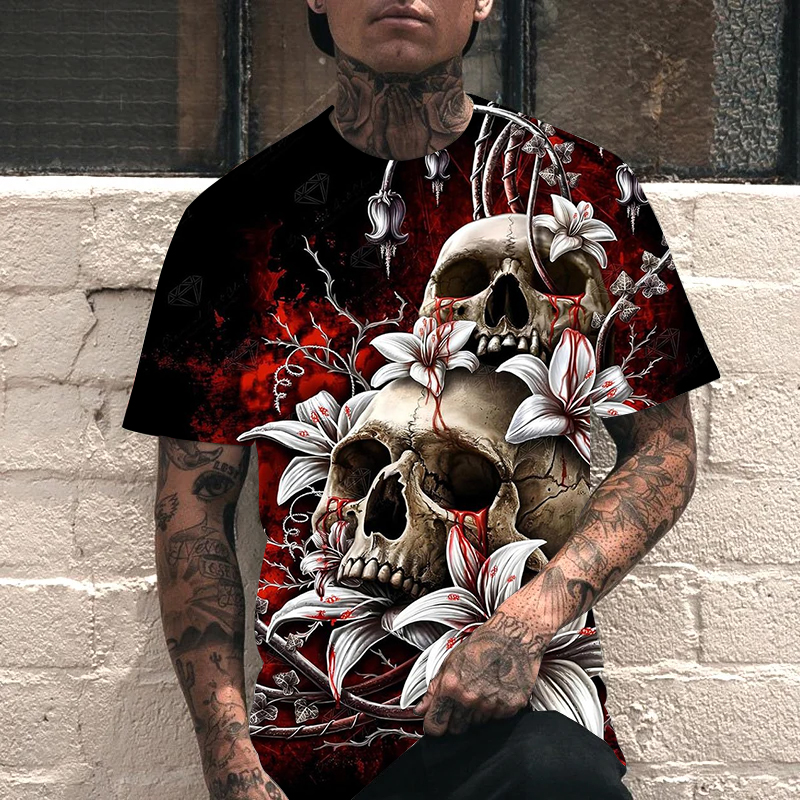 Two Skull Flowers Men Short Sleeve Printed T-Shirt