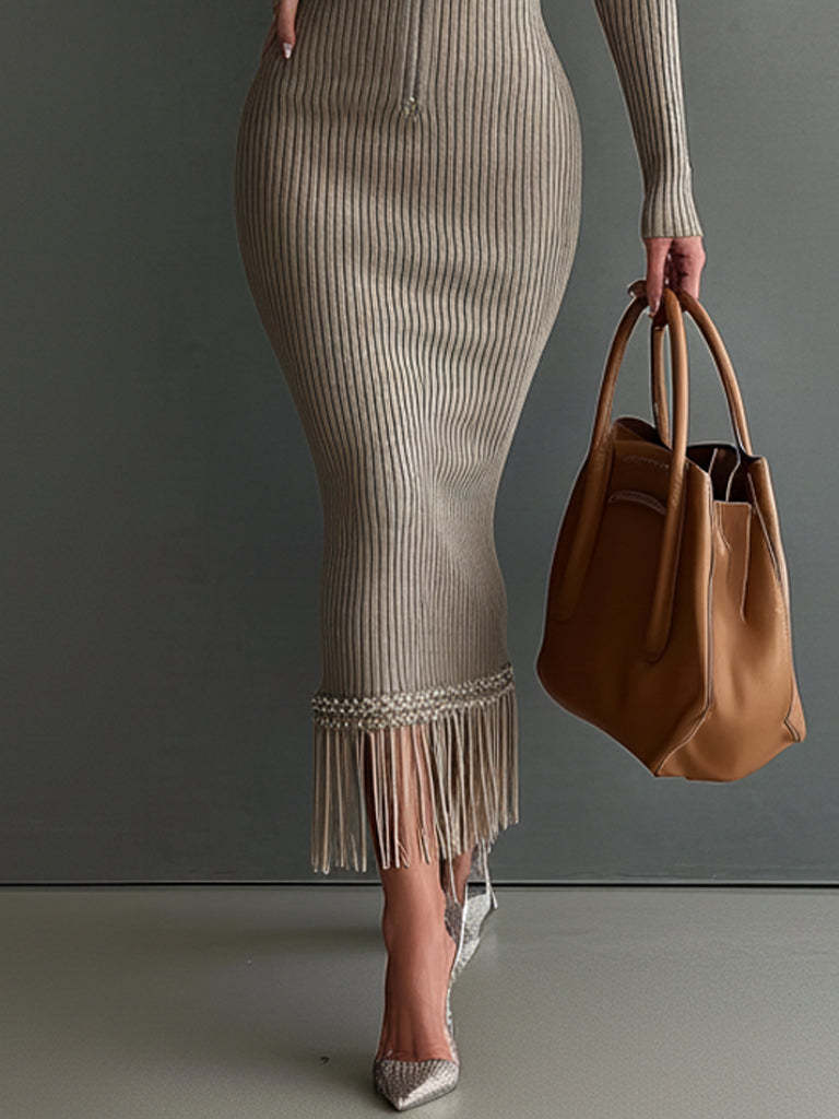 Taupe Zippered Knit Fringe Bodycon Dress