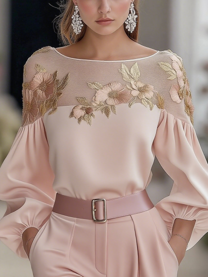 Women's Fashion Shirt with Mesh Embroidered long sleeve Top