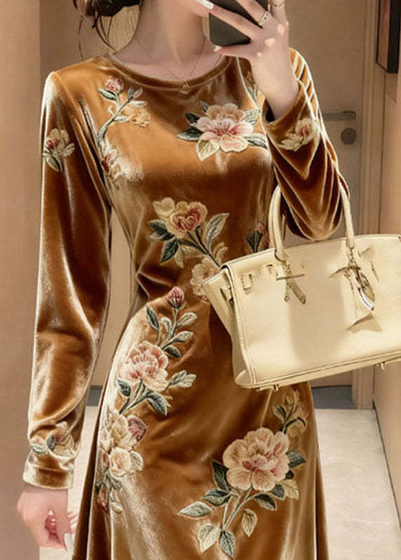 Unique Yellow O-Neck Embroidered Floral Silk Velvet Maxi Dresses Fall
