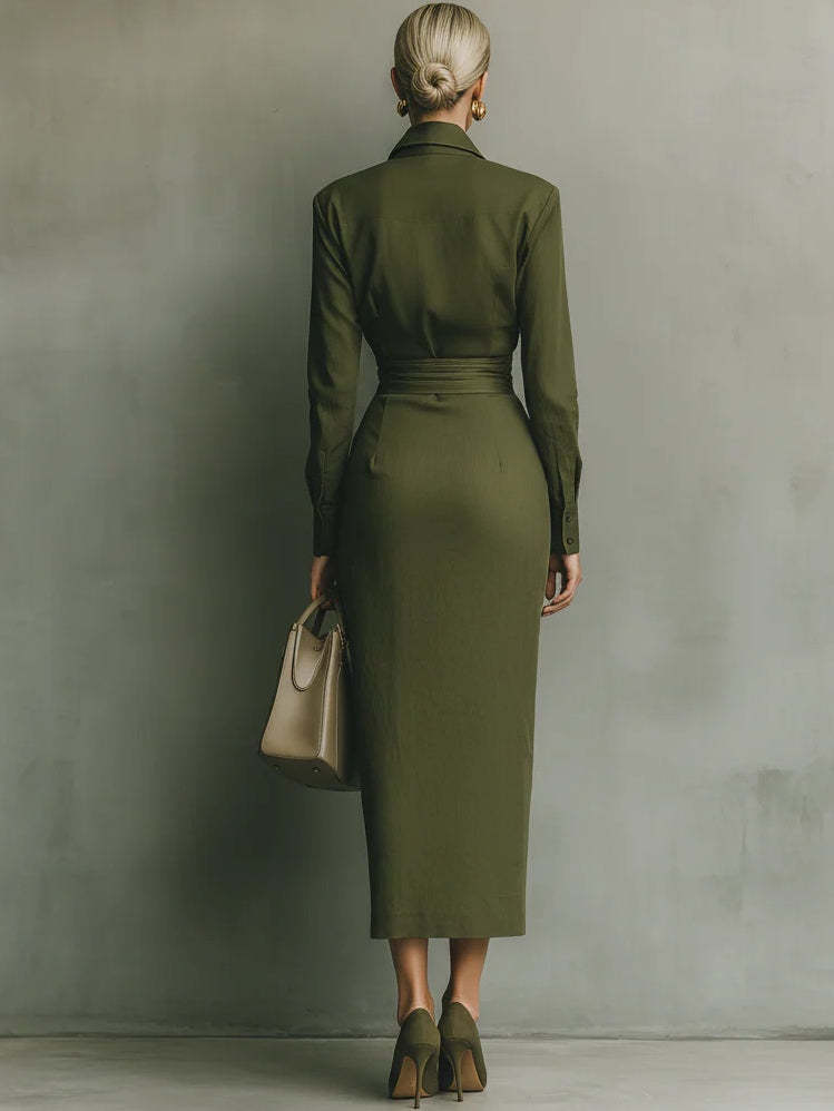 Army Green Cotton Blended Maxi Dress