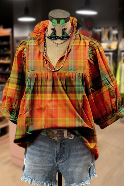 Colorful Plaid V-Neck Halloween Top