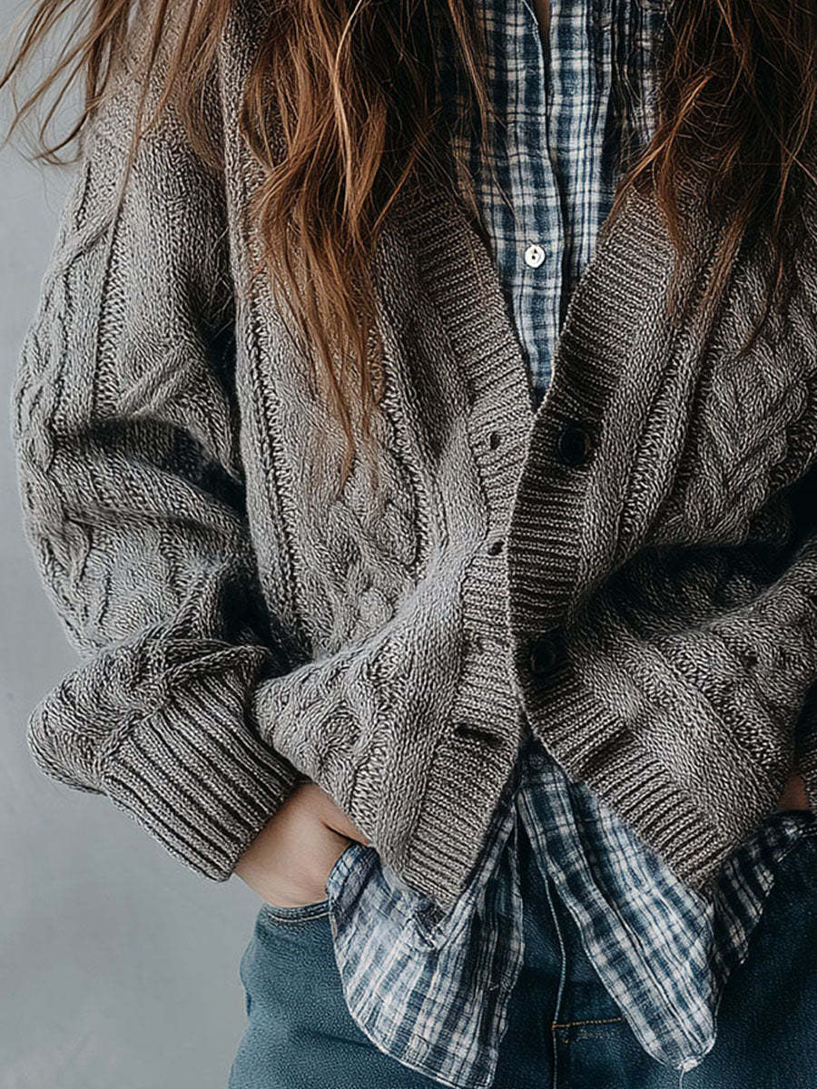 Chunky Grey Button-Front Cable Knit Cardigan