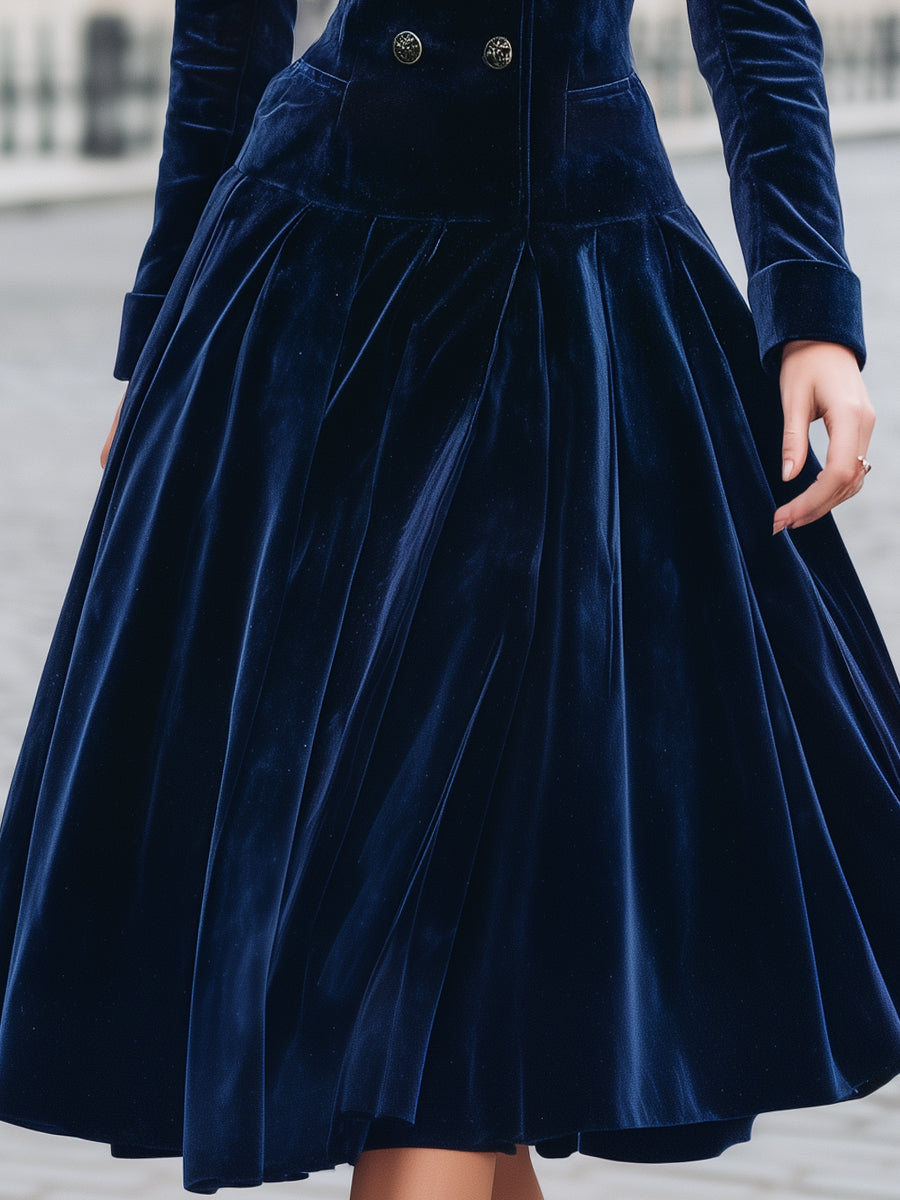 Midnight Elegance Velvet Double-Breasted Dress