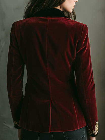 Elegant Black Collar Gold Luxury Embroidered Velvet Blazer