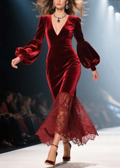 Handmade Red V Neck Lace Patchwork Velvet Dresses Fall