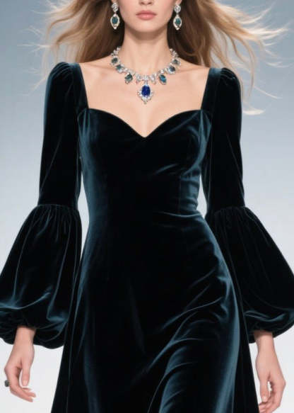 Peacock Blue Patchwork Lace Silk Velvet Evening Dresses Lantern Sleeve