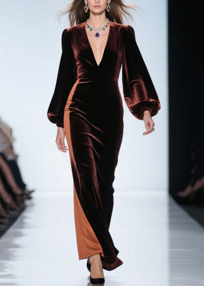 Loose Colorblock V Neck Patchwork Velvet Dress Fall