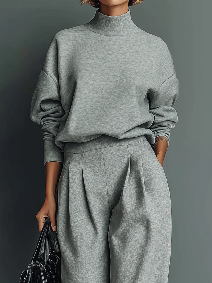 Grey Blended Sweatshirt Wide-Leg Pants Set