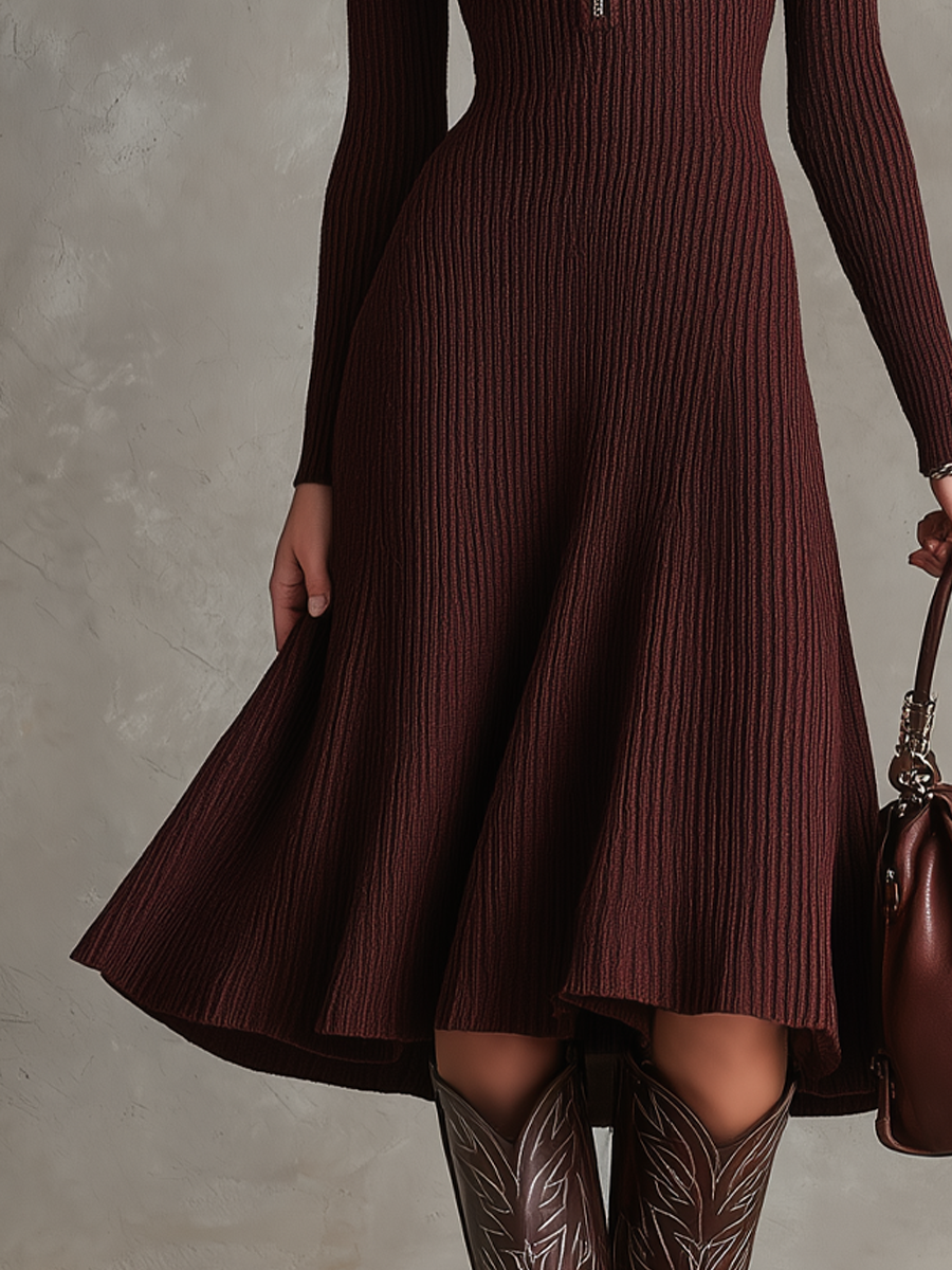 Vintage Zipper Neck Ribbed Knit Midi Dress