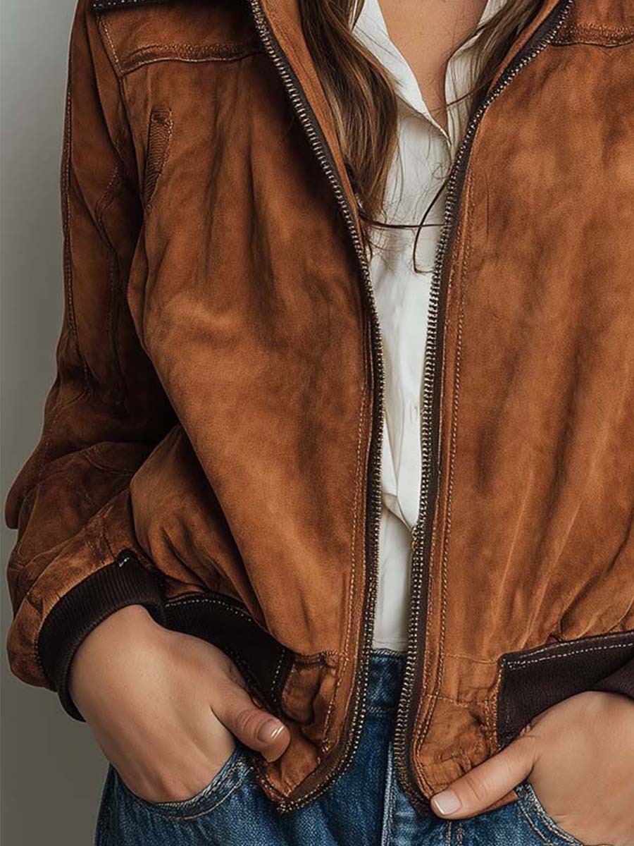 Vintage Distressed Suede Bomber Jacket