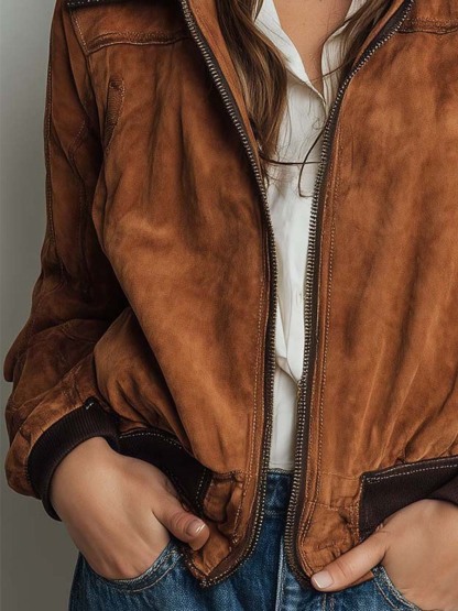 Vintage Distressed Suede Bomber Jacket