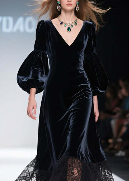 Art V Neck Lace Patchwork Velvet Maxi Dresses Lantern Sleeve