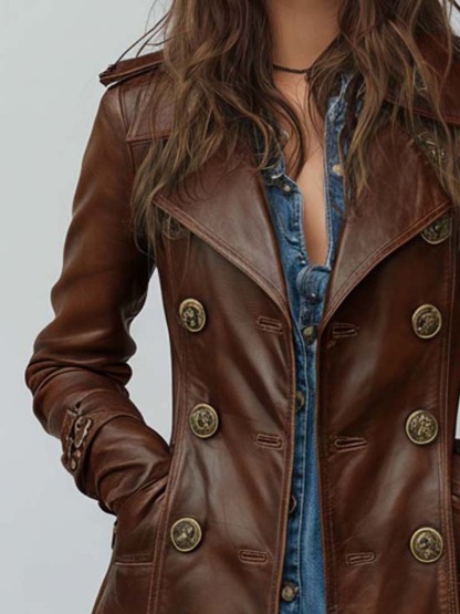 Vintage Brown Leather Double-Breasted Trench Coat