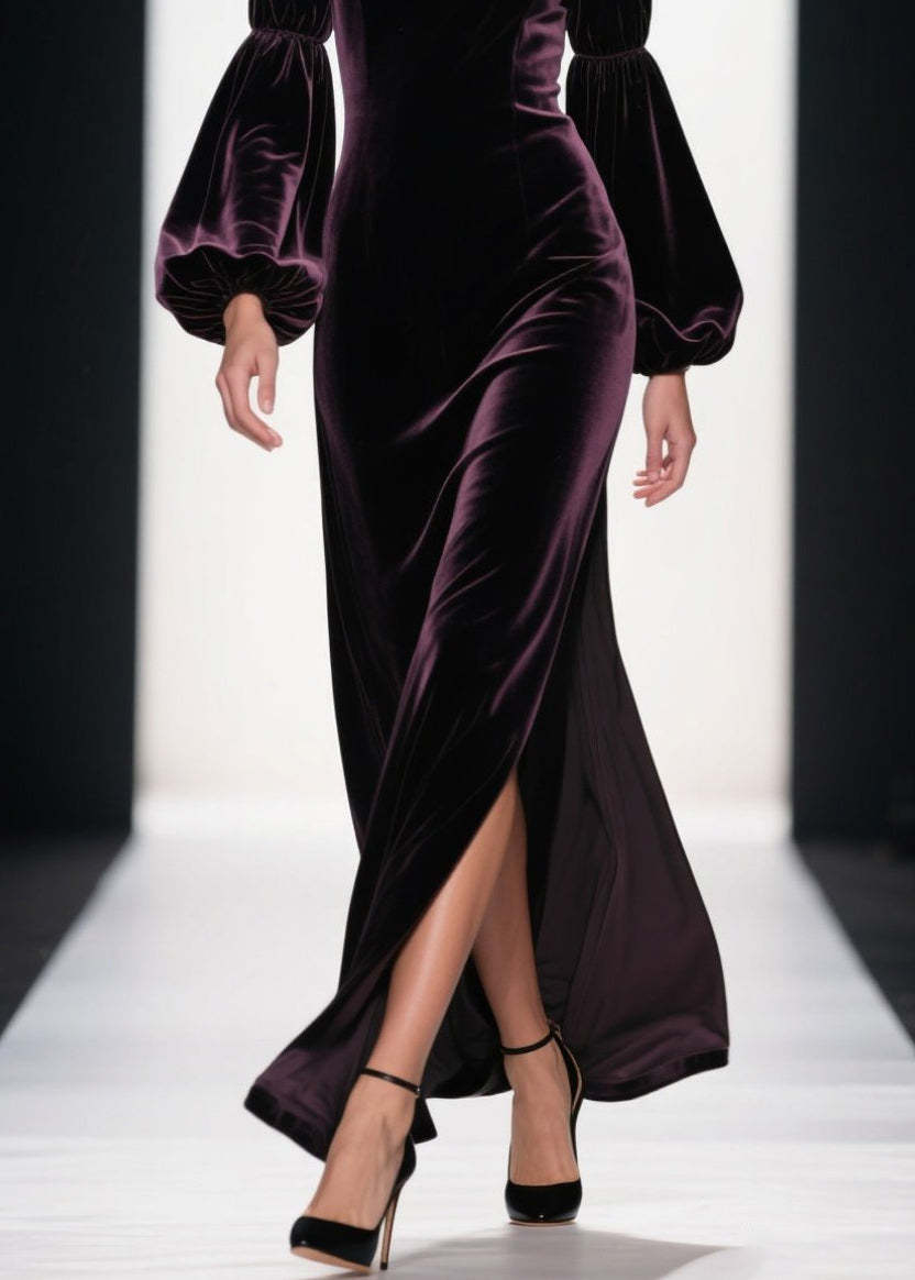 Boutique Purple Side Open Patchwork Velvet Ankle Dress Fall